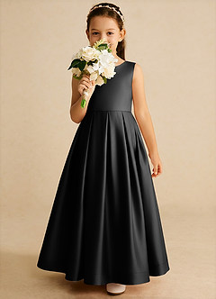 Azazie Cailee Flower Girl Dresses Black Ball-Gown Pleated Matte Satin Dress image3