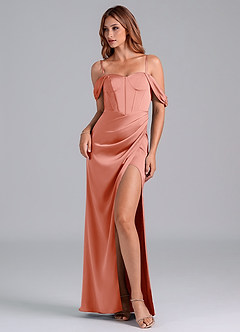 Azazie Asha Vestidos de damas de honor Vestido de Coral de Satén Elástico de Corte Recto Convertible con Vestidos sin tirantes image6