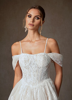 Azazie Justice Wedding Dresses Diamond White Champagne Ball-Gown Off the Shoulder Lace Dress image4