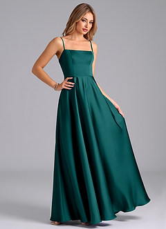 Azazie Elita 신부 들러리 드레스 A라인 주름진 스트레치 새틴 바닥 길이 드레스 image3