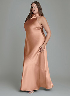 Azazie Velli Bridesmaid Dresses Bronzer Sheath High Neck Metallic Satin Dress image7