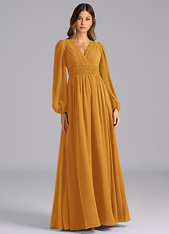 Azazie Palerma Bridesmaid Dresses Butterscotch A-Line Long Sleeve Chiffon Dress image1