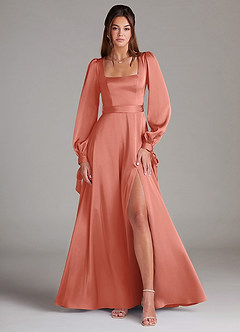 Azazie Leonia Jurken voor bruidsmeisjes Jurk van Stretch Satijn met A-Lijn Lange mouw Zalm Roze image1