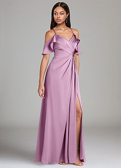 Azazie Dakota Robes de demoiselle d'honneur Robe Trapèze en Satin extensible Épaule décolletée Glycine image1