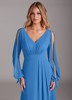 Azazie Matilda Robes de demoiselle d'honneur Robe Trapèze en Mousseline de soie Manche longue Geai Bleu image6