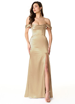 Azazie Liv Bridesmaid Dresses Champagne Sheath Off the Shoulder Metallic Satin Convertible Dress image1