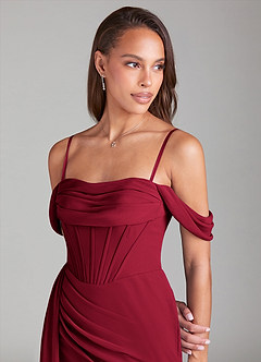 Azazie Amyra Bridesmaid Dresses Burgundy Sheath Off the Shoulder Chiffon Convertible Dress image6