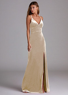 Azazie Becca Bridesmaid Dresses Champagne Sheath Velvet Dress image3