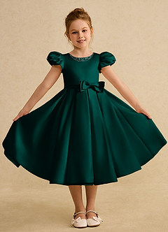 Azazie Pearl Flower Girl Dresses Pine Ball-Gown Pleated Matte Satin Dress image4