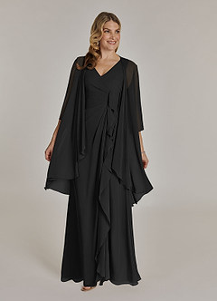 Azazie Manuella Mère de la mariée Robes Robe Trapèze en Mousseline de soie Col V plissé Noir image1