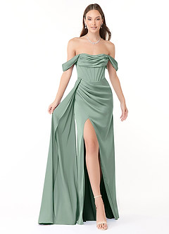 Azazie Amyra Vestidos de damas de honor Vestido Agave de Satén Elástico de Corte Sirena Convertible con Hombros descubiertos image1