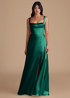 Azazie Hope Bridesmaid Dresses Emerald A-Line with Pockets Metallic Satin Dress image2