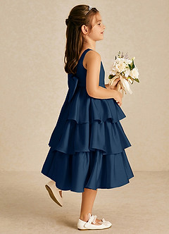 Azazie Margery Flower Girl Dresses Dark Navy A-Line Bow Stretch Satin Dress image5