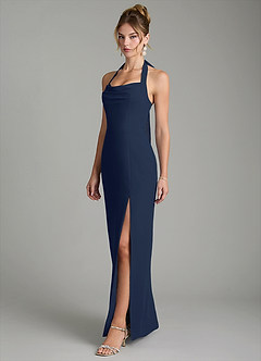 Azazie Arnelle Bridesmaid Dresses Dark Navy Sheath Pleated Chiffon Dress image4