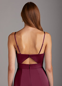 Azazie Shania Bridesmaid Dresses Mulberry Sheath V-Neck Pleated Stretch Satin Dress image4