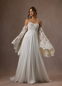 Azazie Rhya Vestidos de novia Vestido de Blanco Diamante Nude de Encaje de Corte en A con Vestidos sin tirantes image5