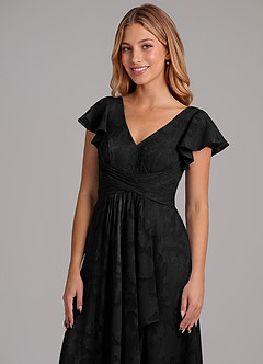 Azazie Omari At-home Try On Dresses Black A-Line Pleated Floral Burnout Dress image2
