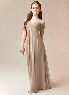 Azazie Kaitlynn Junior Taupe A-Line Off the Shoulder Chiffon Dress image4