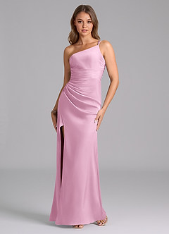 Azazie Eren Bridesmaid Dresses Candy Pink Mermaid One Shoulder Stretch Satin Dress image5
