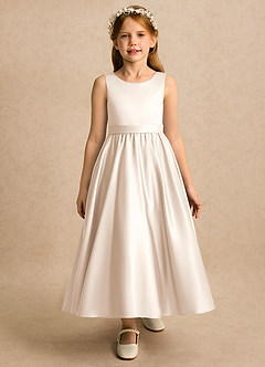Azazie Karlie vestidos de niña de las flores Vestido Alabastro Blanco de Satin Mate de Línea A con Plisado image5