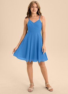 Azazie Avelina Junior Blue Jay A-Line Pleated Chiffon Dress image1