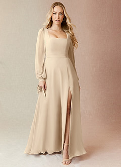 Azazie Leonia Brautjungfernkleider A-Linie Langarm Chiffon Kleid Champagner image3