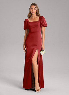 Azazie Fyona Bridesmaid Dresses Pomegranate A-Line Pleated Stretch Satin Dress image3