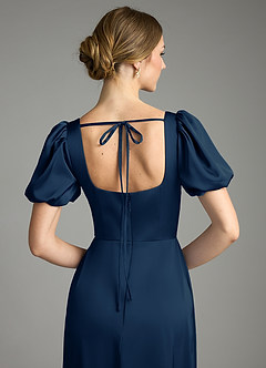 Azazie Fyona Bridesmaid Dresses Dark Navy A-Line Pleated Stretch Satin Dress image2