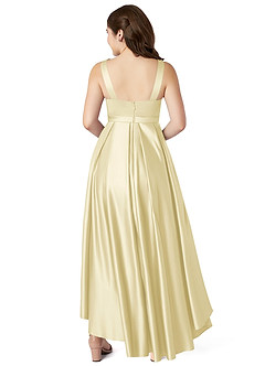 Azazie Inaya Junior Lemon Sorbet A-Line with Belt Stretch Satin Dress image2