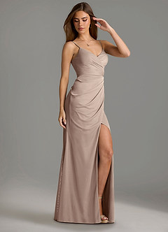 Azazie Maci Robes de demoiselle d'honneur Robe Fourreau en Maille Plissée Taupe image3