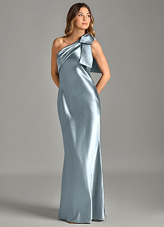 Azazie Yuanna Brudtärnklänningar Klä av Sjöjungfru i Metallisk satin Ena axeln Dammblå image1