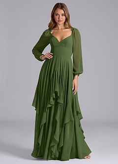 Azazie Karan Bridesmaid Dresses Olive A-Line Long Sleeve Chiffon Dress image3