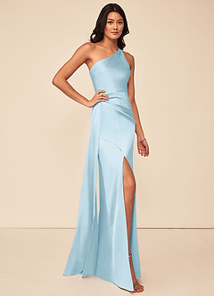 Azazie Maron Bridesmaid Dresses Sky Blue A-Line One Shoulder Stretch Satin Dress image3