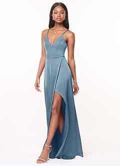 Azazie Maksim Bridesmaid Dresses Dusty Blue A-Line V-Neck Stretch Satin Dress image4
