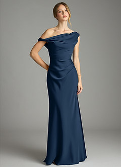 Azazie Emerson Brautjungfernkleider Meerjungfrau-Linie Schulterfrei Stretch-Satin Kleid Dunkelmarine image1
