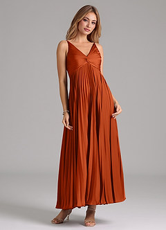 Azazie Raychelle Bridesmaid Dresses Burnt Orange A-Line Pleated Stretch Satin Dress image5