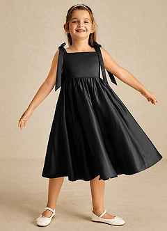 Azazie Chelsie Flower Girl Dresses Black A-Line Bow Matte Satin Dress image1