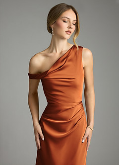 Azazie Emerson Bridesmaid Dresses Cinnamon Mermaid Off the Shoulder Stretch Satin Dress image6