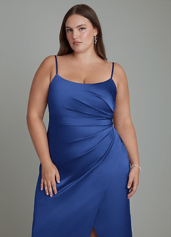Azazie Calandra Bridesmaid Dresses Royal Blue Sheath Pleated Stretch Satin Dress image13
