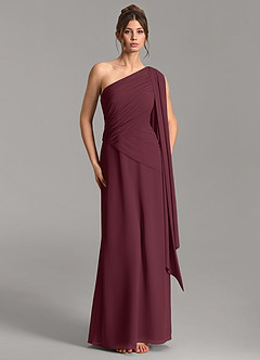 Azazie Ayra Vestidos de damas de honor Vestido Cabernet de Gasa de Línea A con Un hombro image4