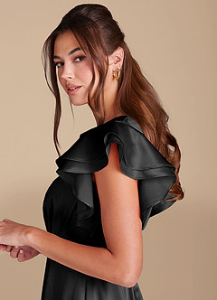 Azazie Daphne Modest Bridesmaid Dresses A-Line Ruched Metallic Satin Floor-Length Dress image5