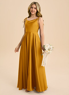 Azazie Popsy Junior Butterscotch A-Line Bow Stretch Satin Dress image7