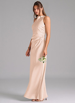 Azazie Evadne Robes de demoiselle d'honneur Robe Trapèze en Satin extensible Plissée Rose Pâle image1