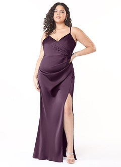 Azazie Maci Bridesmaid Dresses Plum A-Line V-Neck Pleated Stretch Satin Dress image1