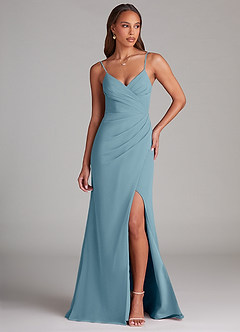 Azazie Maci Bridesmaid Dresses Moody Blue Sheath Pleated Chiffon Dress image1