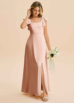 Azazie Bondi Junior Vestido de Oro Rosa de Satén Elástico de Corte en A con Corte Lateral image3