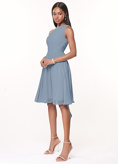 Azazie Katrina Robes de demoiselle d'honneur Robe Trapèze en Mousseline de soie Ue épaule Bleu Poussiéreux image3