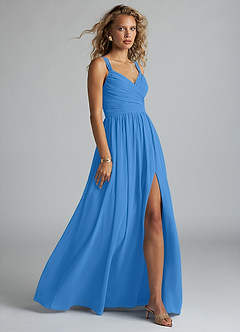Azazie Aziza Bridesmaid Dresses Blue Jay A-Line V-Neck Pleated Chiffon Dress image3