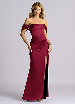 Azazie Auden Bridesmaid Dresses Burgundy Sheath Off the Shoulder Stretch Satin Convertible Dress image7