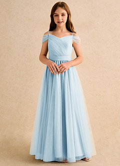 Azazie Yuna Girls Formal Abiti da Ragazza di Fiori Abito A-Line in Tulle a Spalla Scoperta Azzurro image4